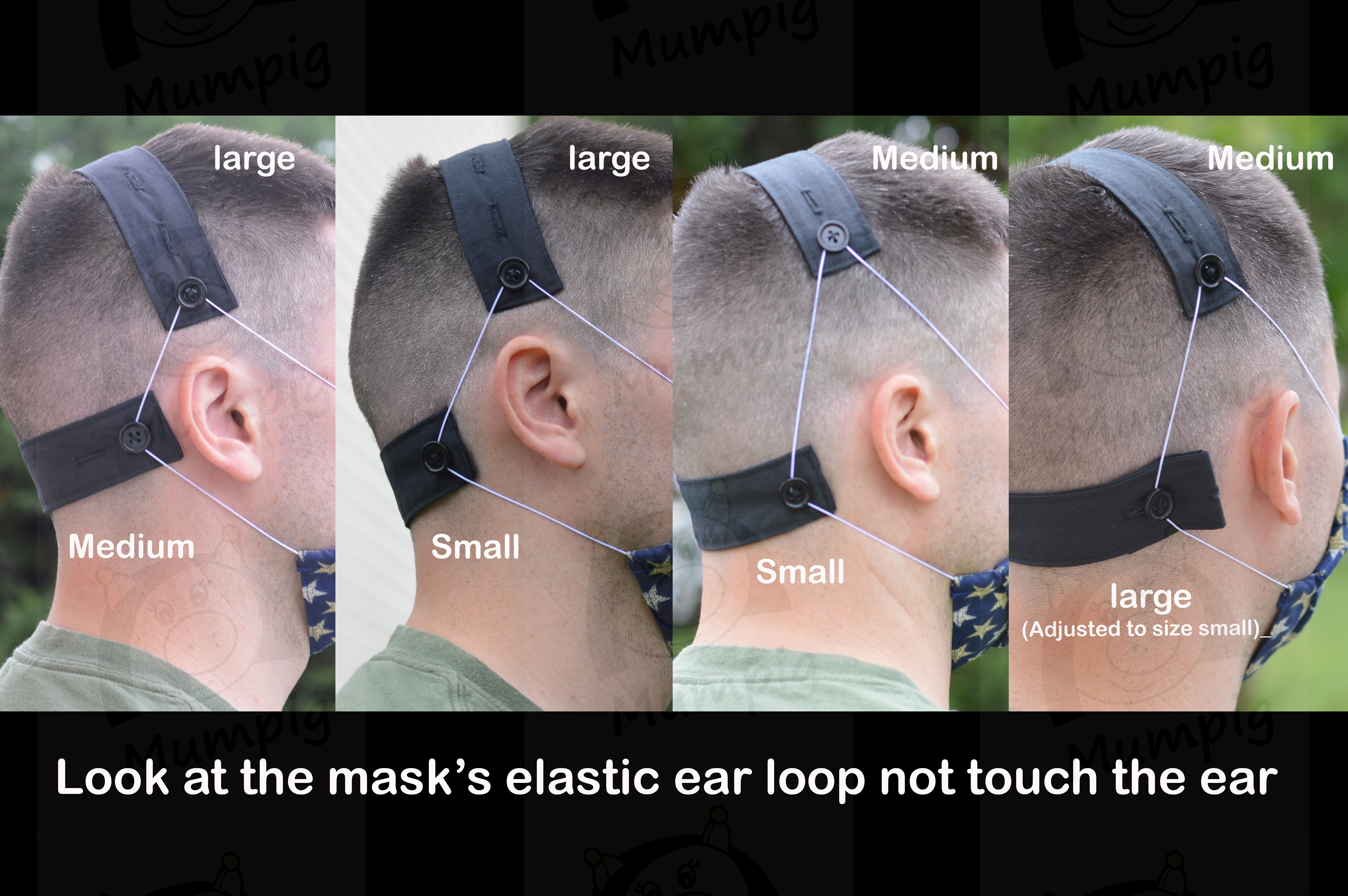 Multiple images side by side of a male modeling varius size ear savers on his head to display how much the mask strap gets pulled